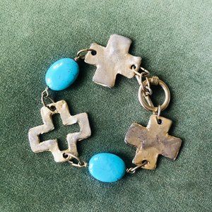 Turquoise Gold Cross Bracelet Bangle Link Bracelet Celtic Cross Hammered Gold Ca